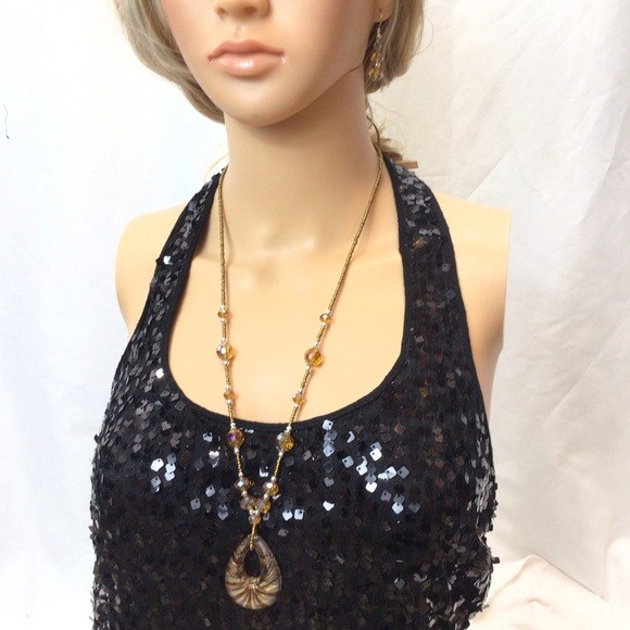 Fashion Boho Brown and Gold Glass Statement Necklace and Dangle Earring Set - Picture 6 of 9